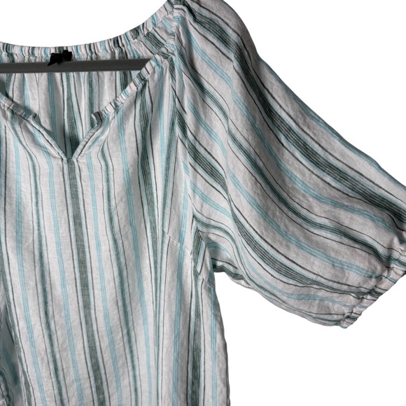 Talbots 100% Linen Striped Peasant Top L Teal Green Split V-Neck Boho Coastal - Picture 3 of 9